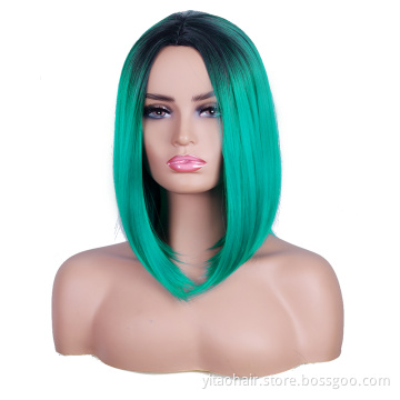 Wholesale cheap anime party gradient black to Teal Blue bob short straight synthetic shoulder-length hair cosplay wig